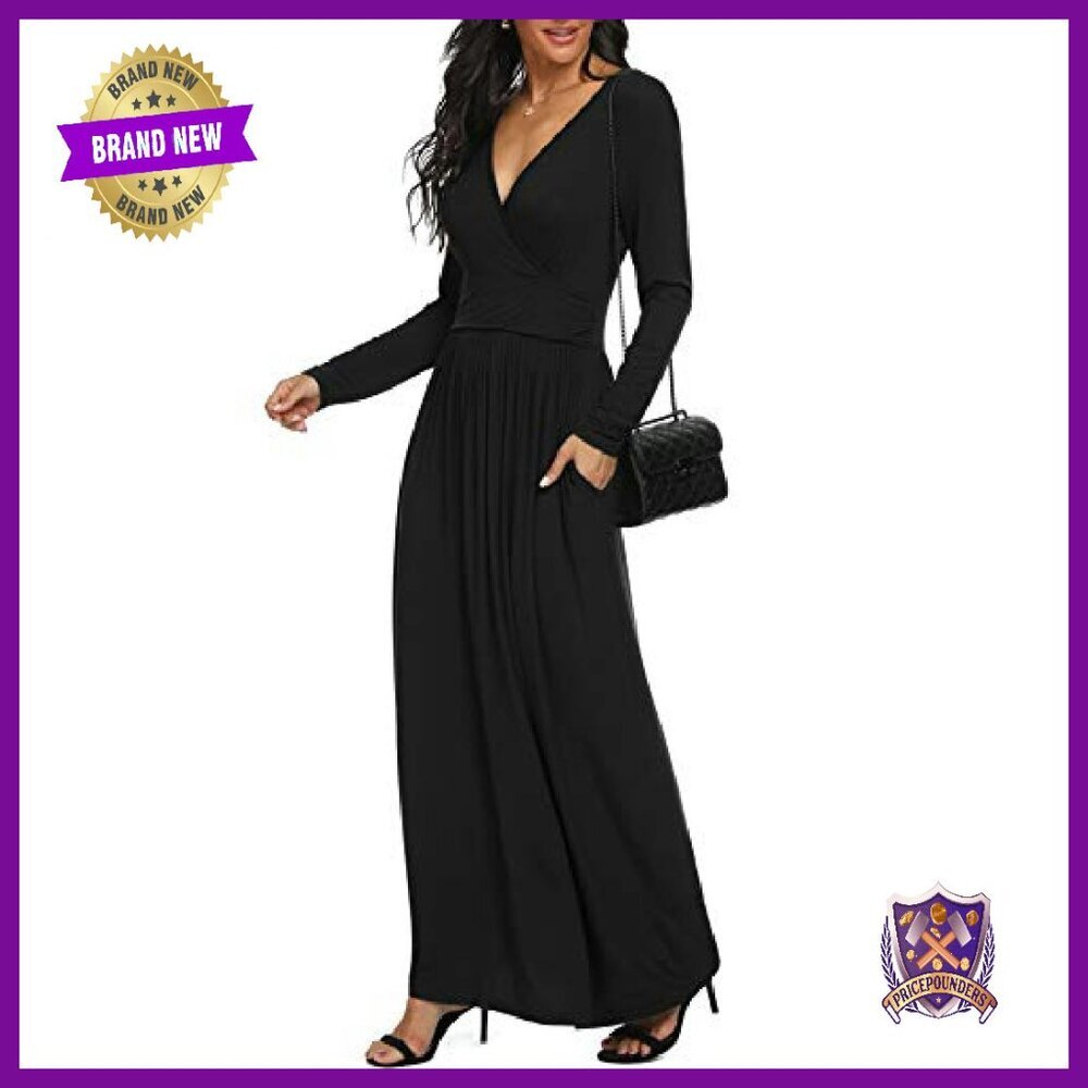 Long Sleeve V-Neck Maxi Dress with Side Pockets - Soft Rayon Blend - Picture 3 of 8